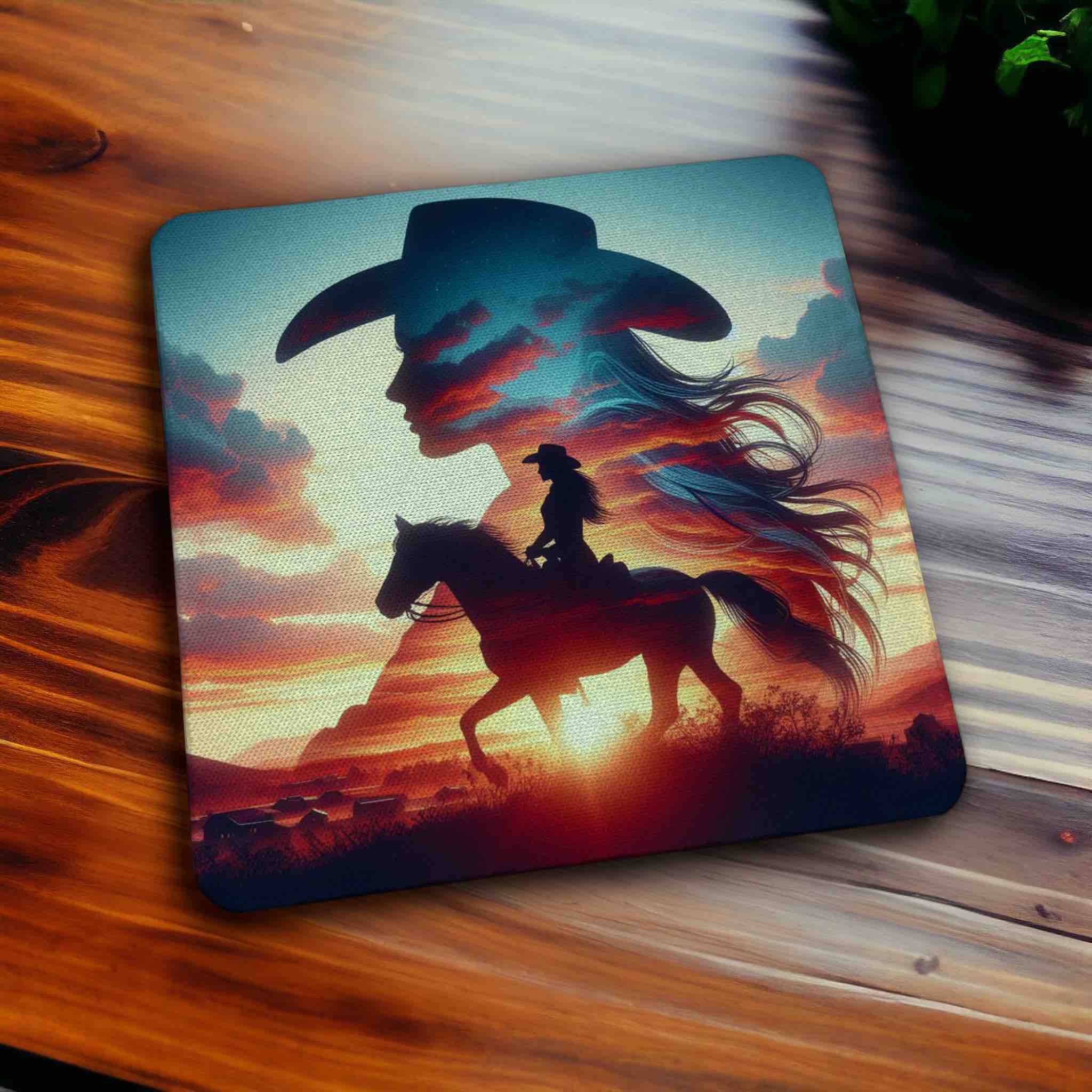 Cowgirl & Horse Sunset Silhouette Art Design - Pack of 4 Neoprene Coasters - Laser Design Creations