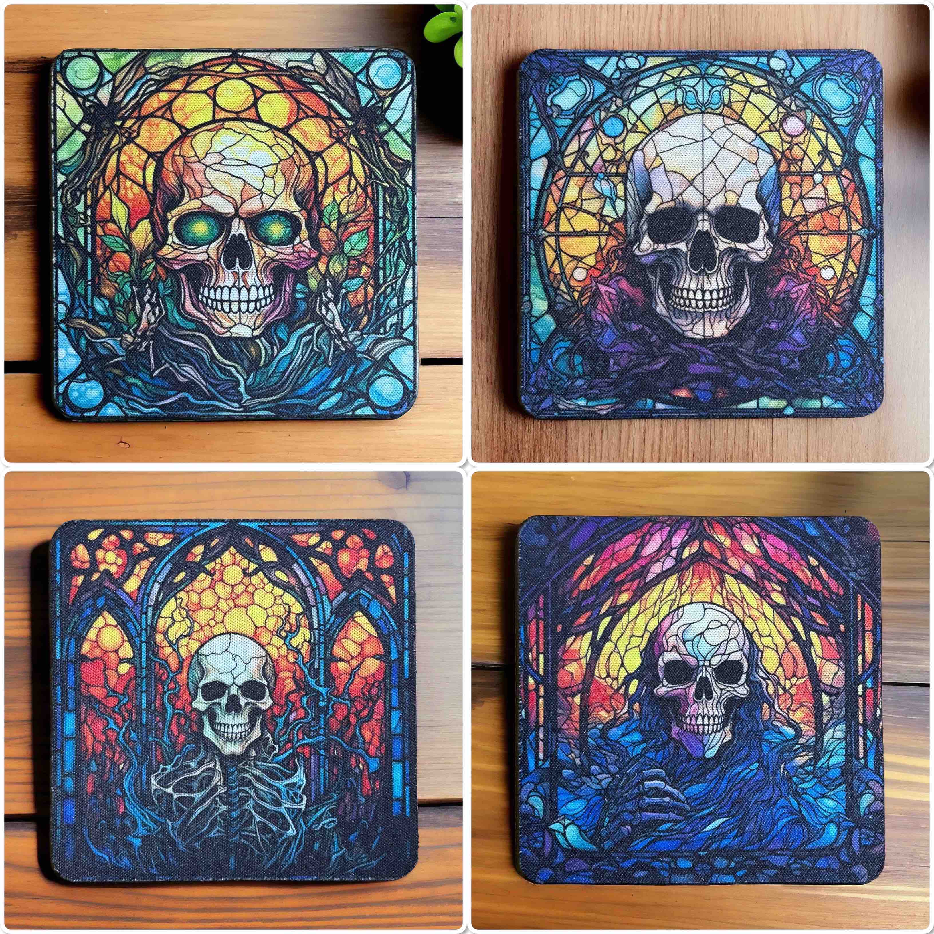 Gothic Stained Glass Style Skull Designs - Pack of 4 Neoprene Coasters - Laser Design Creations