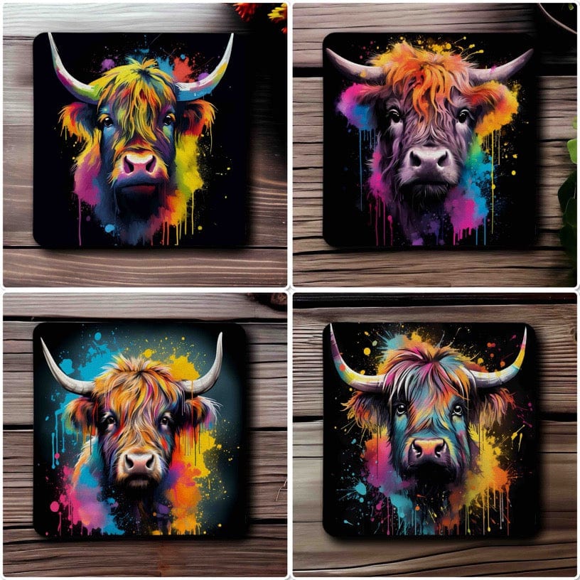 Colourful Highland Cow Vibrant Splash Art Design - Pack of 4 Neoprene Coasters - Laser Design Creations