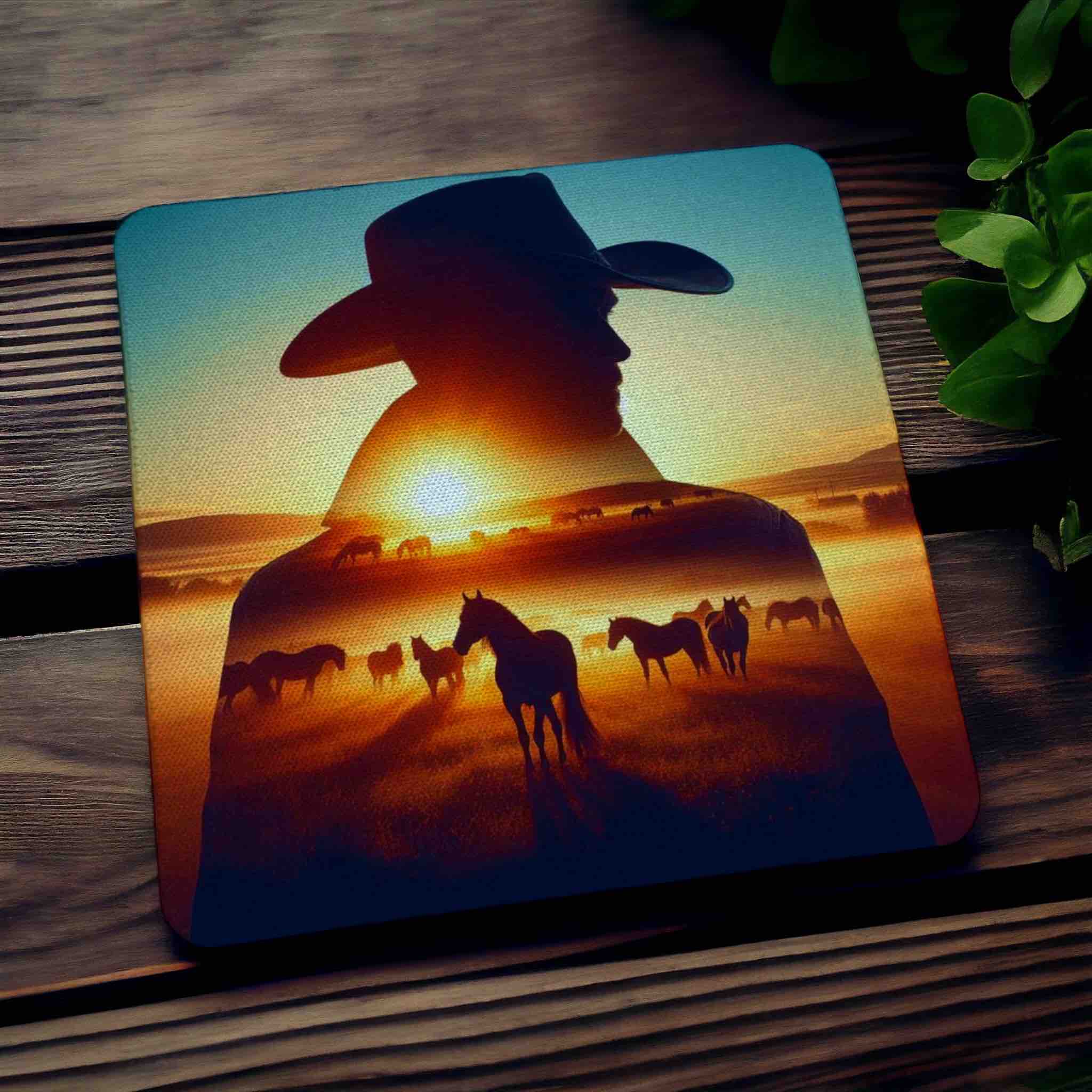 Cowboy & Wild Horses Sunset Mountain Silhouette Art Design - Pack of 4 Neoprene Coasters - Laser Design Creations