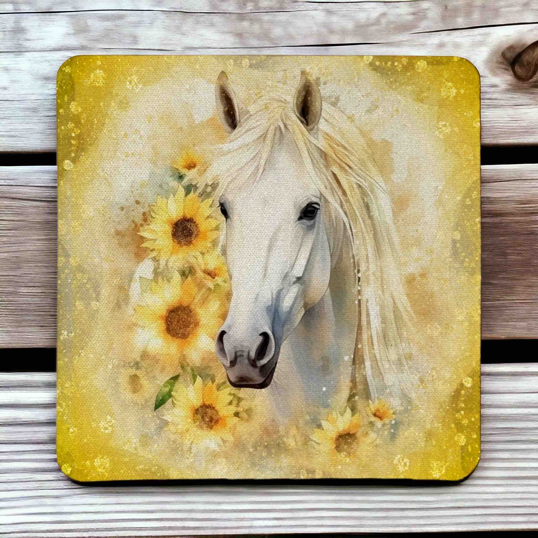 Sunflower Horse Elegant White/Black Horse Portraits - Pack of 4 Neoprene Coasters - Laser Design Creations