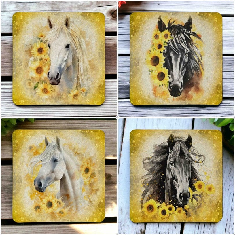 Sunflower Horse Elegant White/Black Horse Portraits - Pack of 4 Neoprene Coasters - Laser Design Creations
