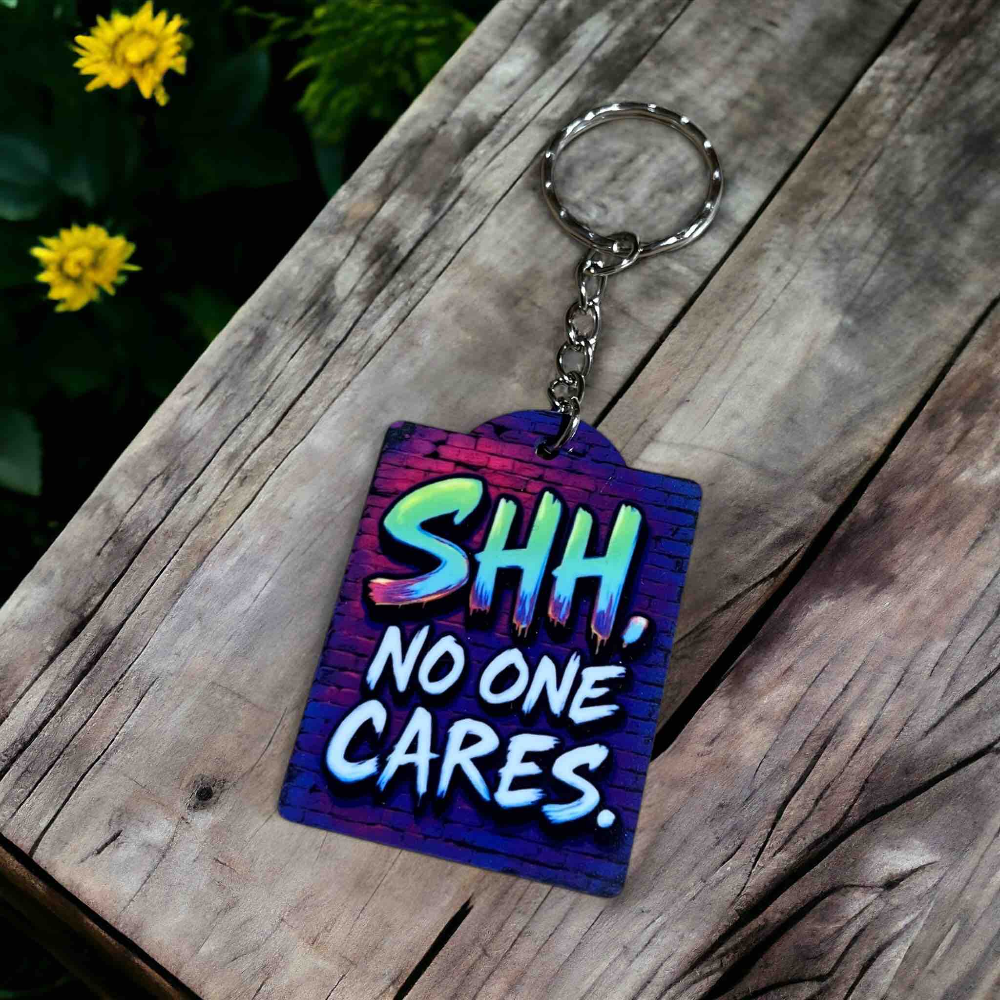 'Shh, No One Cares' Art Design for Witty Personalities - Keyring / Bag Tag - Laser Design Creations