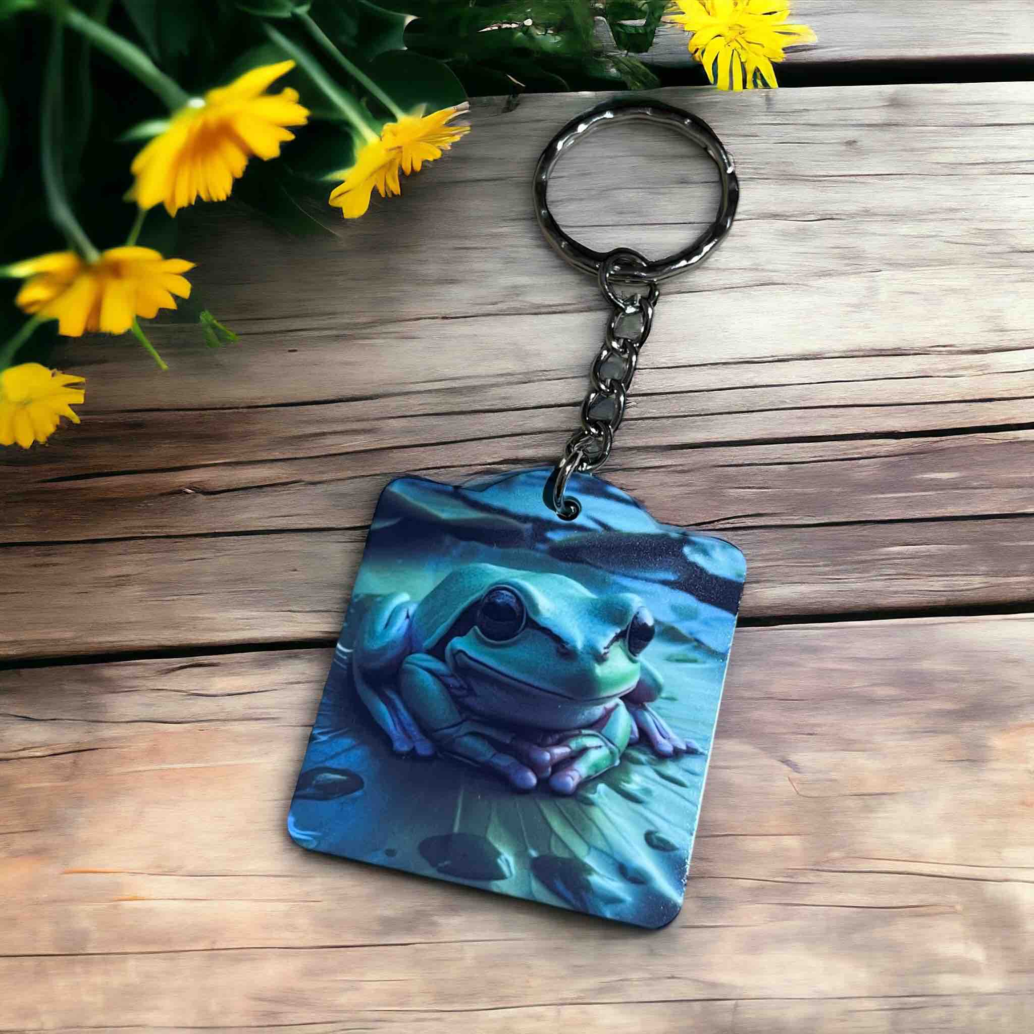 Side view of Green Tree Frog on Lily Pad keyring, showcasing a vibrant green frog resting on a leaf by Laser Design Creations.