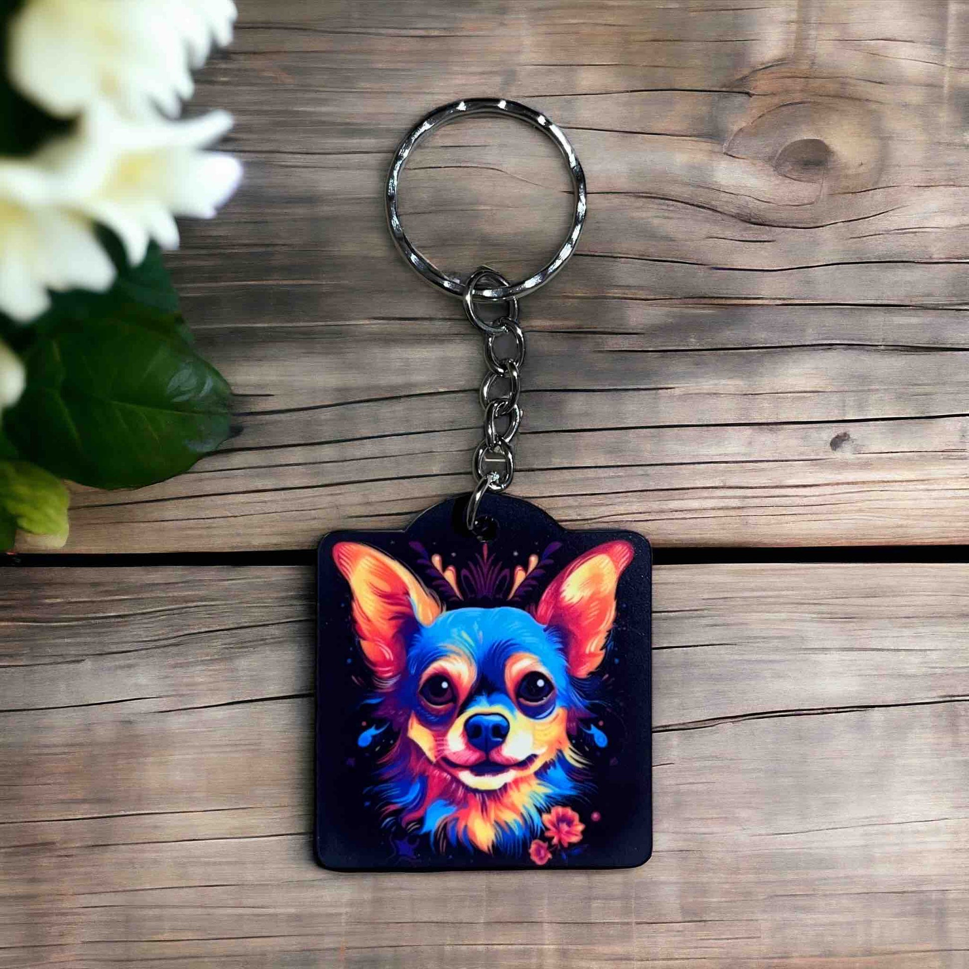 Vibrant Neon Style Chihuahua Dog Design - Keyring / Bag Tag - Laser Design Creations