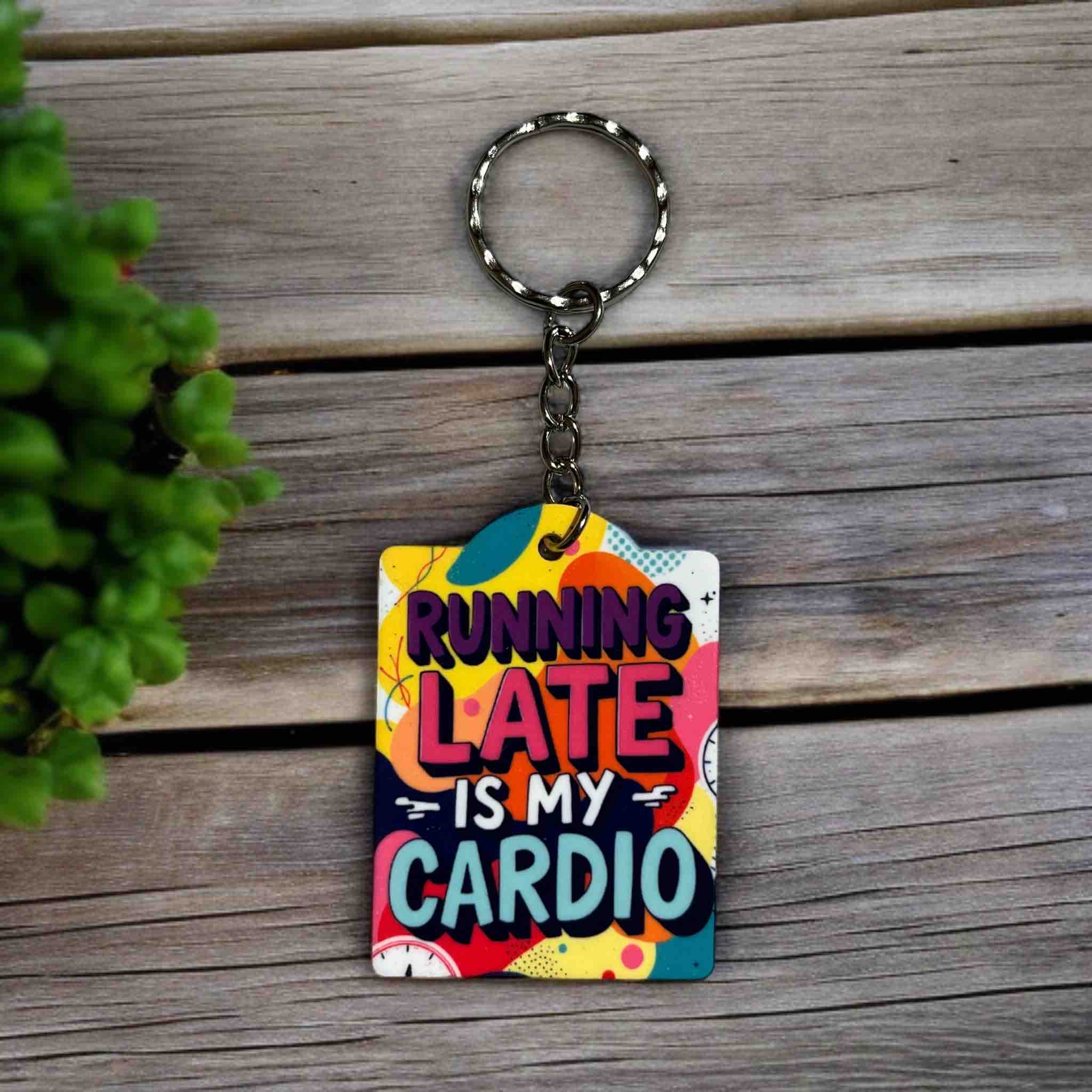 Running Late Is My Cardio! Colourful Retro Design - Keyring / Bag Tag - Laser Design Creations