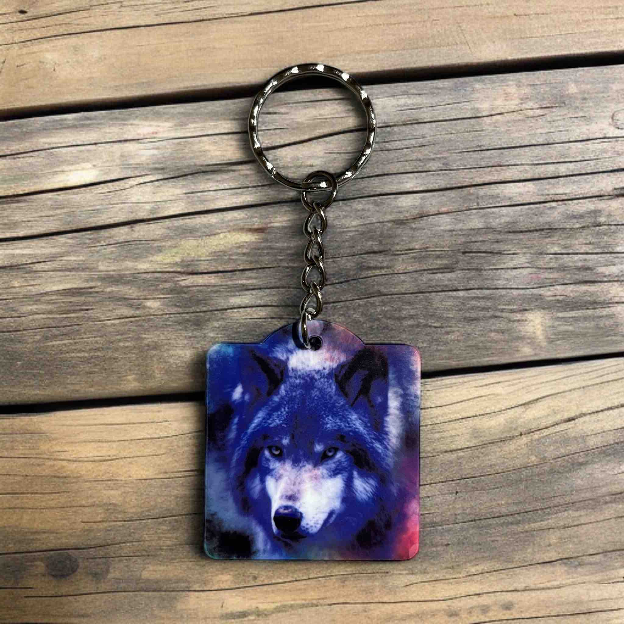 Majestic Blue Wolf with Nebula Design - Keyring / Bag Tag - Laser Design Creations