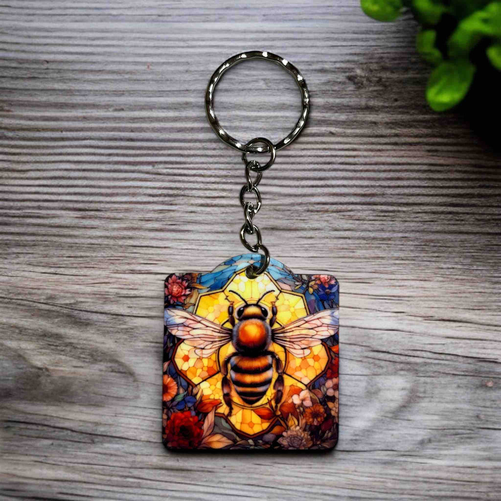 Vibrant Honeybee & Floral Stained Glass Style Design - Keyring / Bag Tag - Laser Design Creations