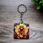 Vibrant Honeybee & Floral Stained Glass Style Design - Keyring / Bag Tag - Laser Design Creations