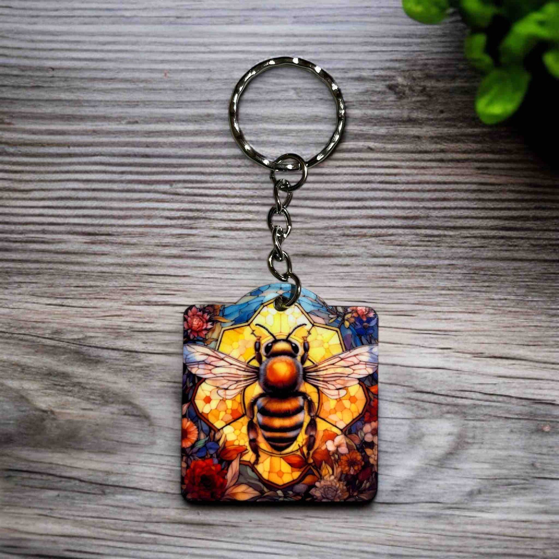 Vibrant Honeybee & Floral Stained Glass Style Design - Keyring / Bag Tag - Laser Design Creations