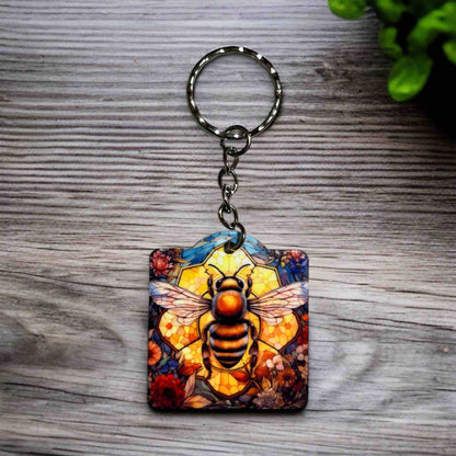 Vibrant Honeybee & Floral Stained Glass Style Design - Keyring / Bag Tag - Laser Design Creations