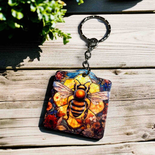 Vibrant Honeybee & Floral Stained Glass Style Design - Keyring / Bag Tag - Laser Design Creations