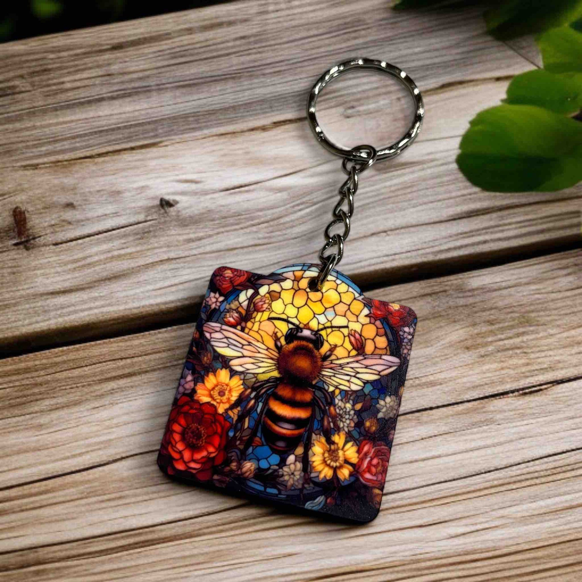 Vibrant Honeybee & Floral Stained Glass Style Design - Keyring / Bag Tag - Laser Design Creations