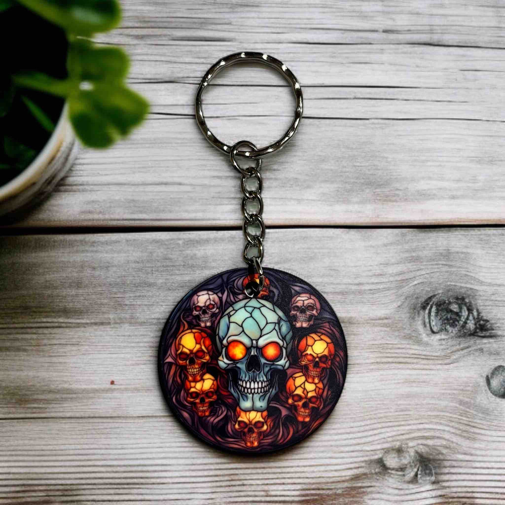 Macabre Skull keyring, showcasing the third of five gothic skull designs with glowing eyes by Laser Design Creations.