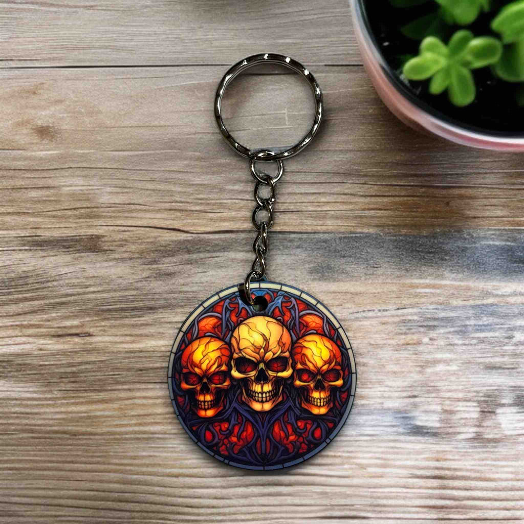 Macabre Skull keyring, showcasing the fifth of five gothic skull designs with glowing eyes by Laser Design Creations.