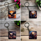 Fiery Eagle Collection keyring collage by Laser Design Creations, featuring painterly eagle designs in intense poses.