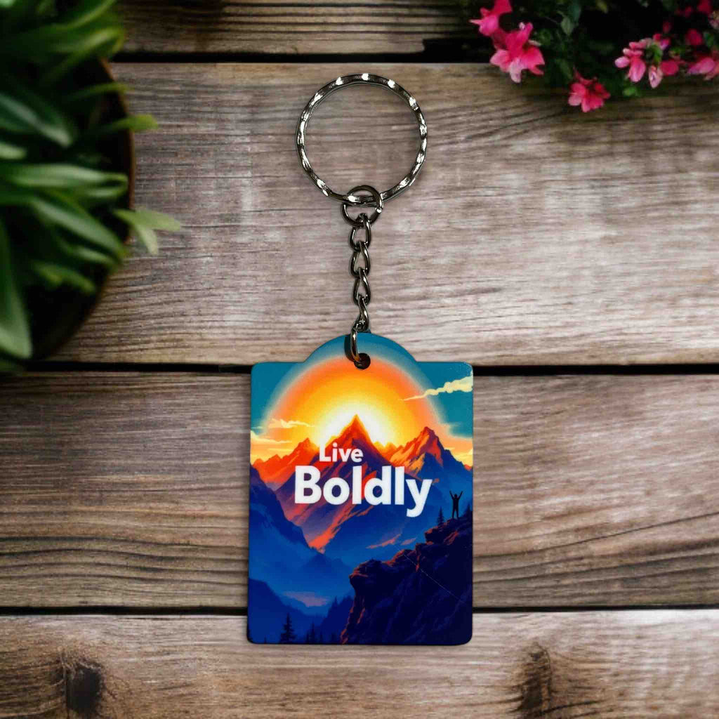 'Live Boldly' - Inspirational Mountain Sunset - Keyring / Bag Tag - Laser Design Creations