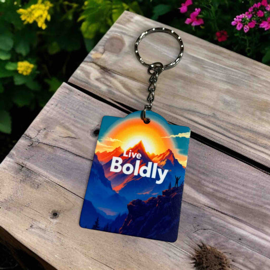 'Live Boldly' - Inspirational Mountain Sunset - Keyring / Bag Tag - Laser Design Creations