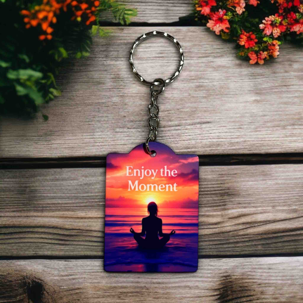 Enjoy the Moment - Serene Beach Sunset Meditation - Keyring / Bag Tag - Laser Design Creations