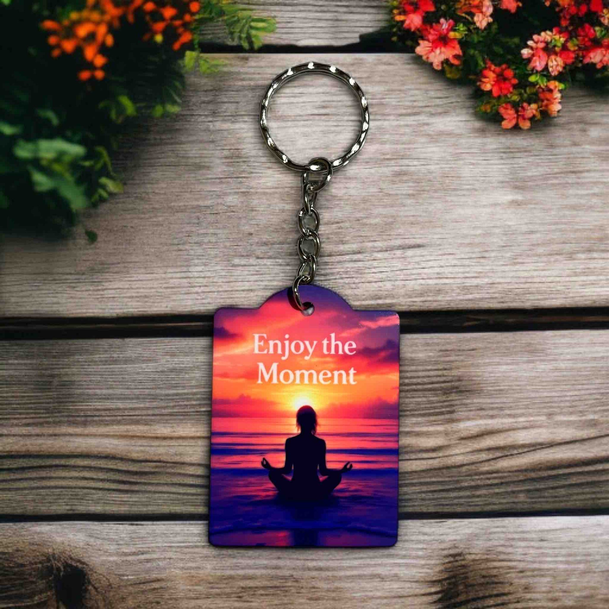 Enjoy the Moment - Serene Beach Sunset Meditation - Keyring / Bag Tag - Laser Design Creations