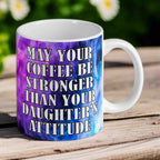 Coffee mug with strong coffee quote, purple and blue swirl, printed in Australia by Laser Design Creations.