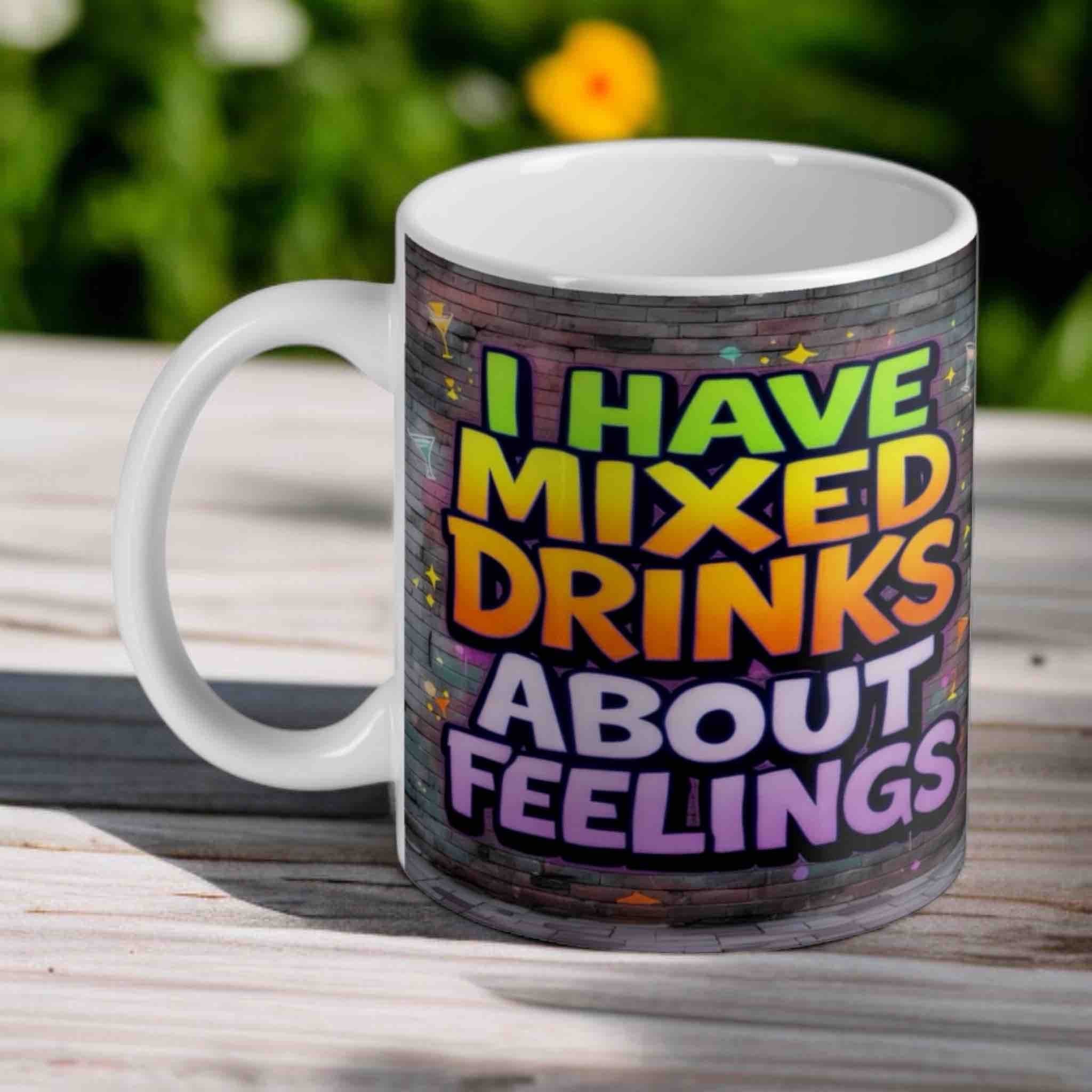 Mixed Drinks About Feelings colourful quote mug by Laser Design Creations.