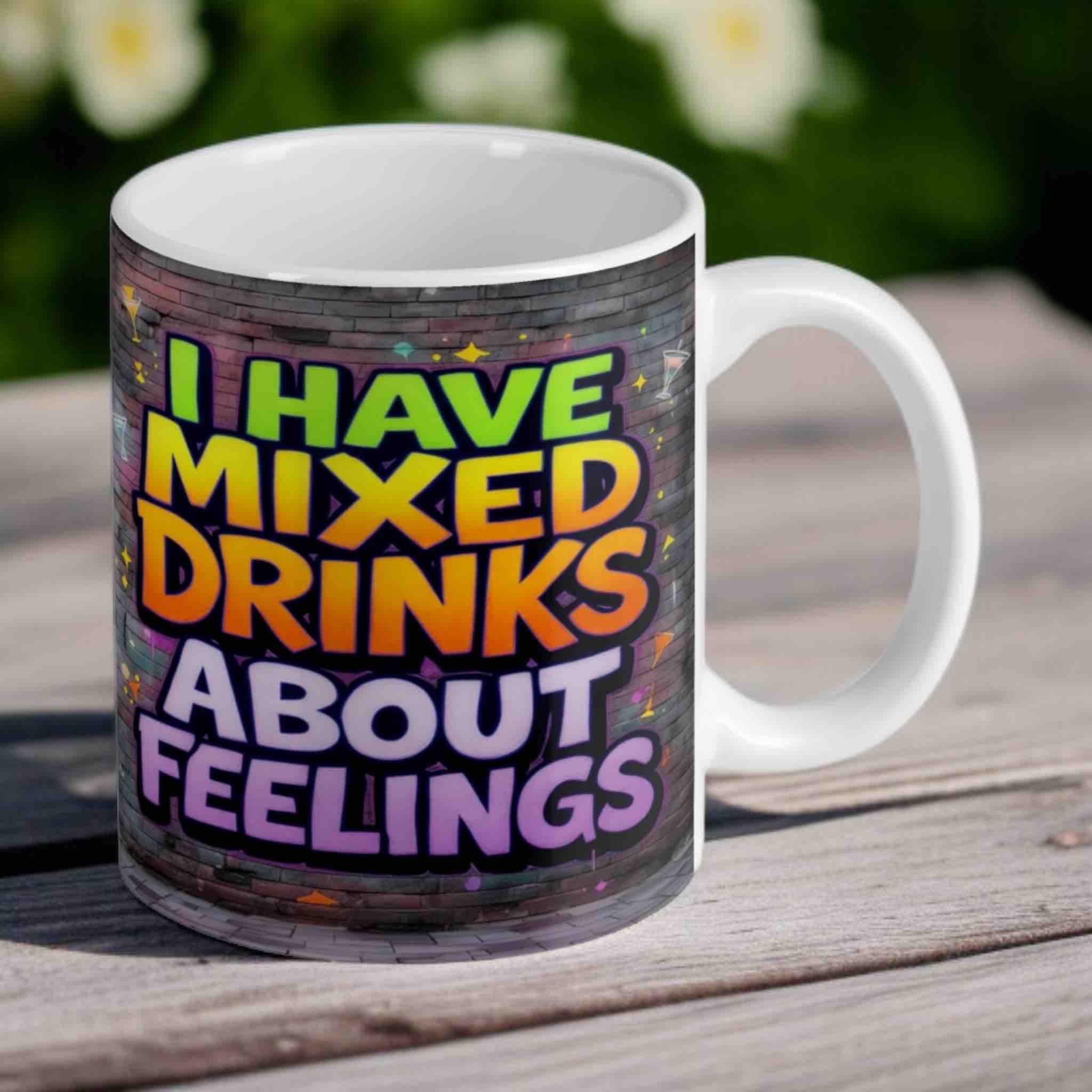 Funny graffiti-style coffee mug on outdoor table – Laser Design Creations.