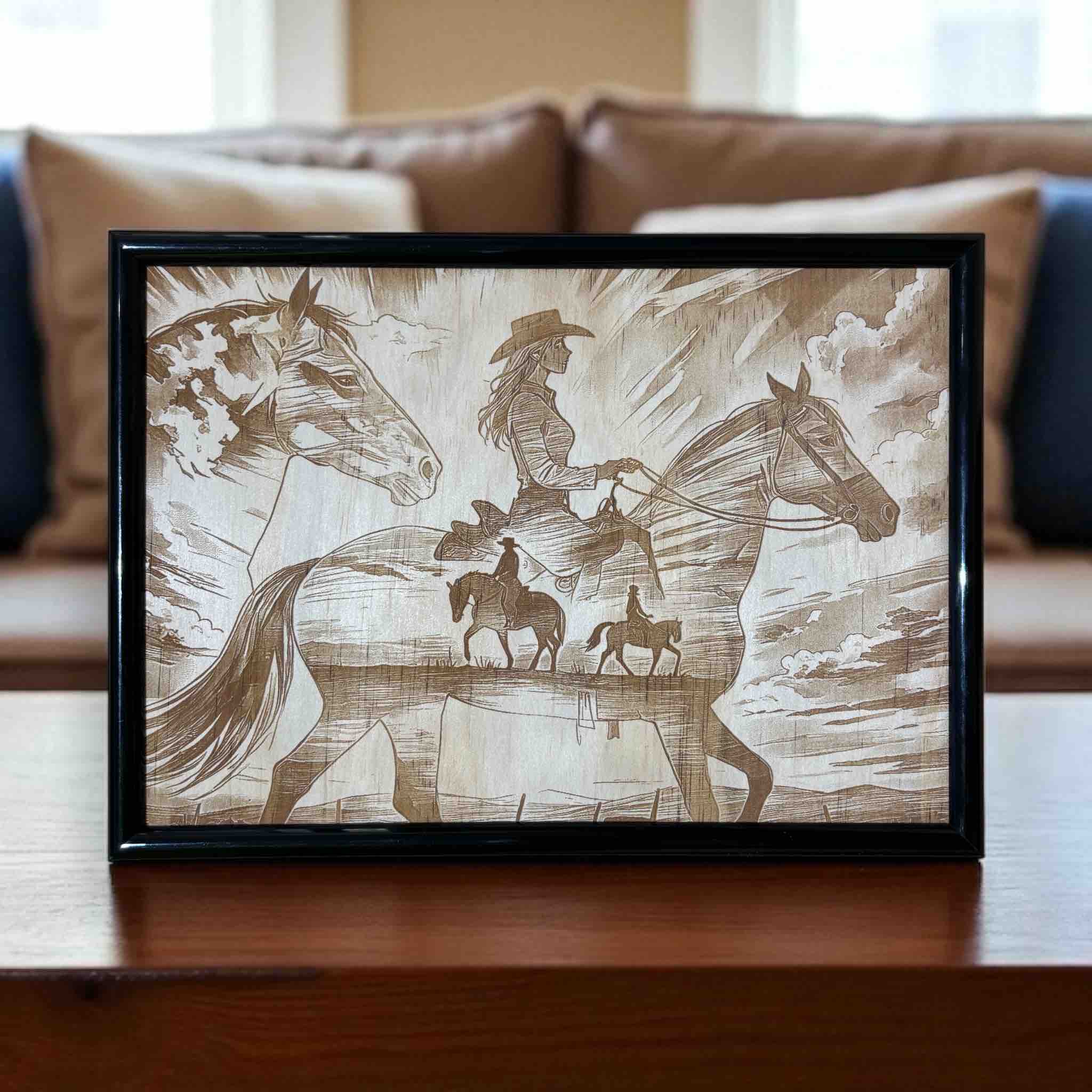 Cowgirl western horse wood engraved art in black frame, rustic country decor by Laser Design Creations, Australia.
