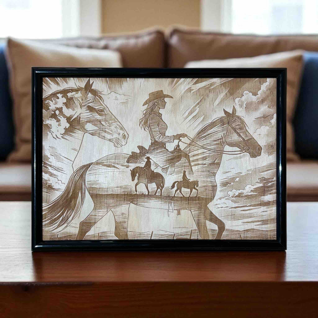 Cowgirl western horse wood engraved art in black frame, rustic country decor by Laser Design Creations, Australia.