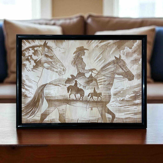Cowgirl western horse wood engraved art in black frame, rustic country decor by Laser Design Creations, Australia.