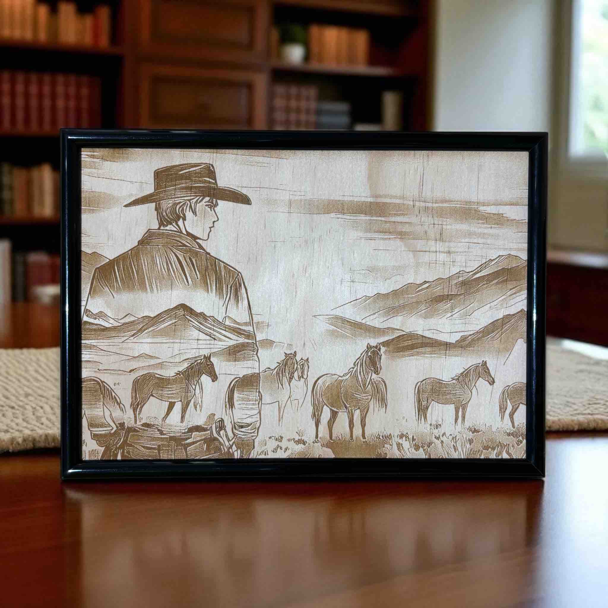 Cowboy and wild horses wood engraved art in black frame, western landscape decor by Laser Design Creations, Australia.