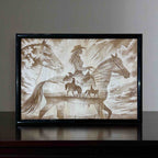 Cowgirl riding horse wood engraved sign displayed on coffee table, western wall art for home, Laser Design Creations, Australia.