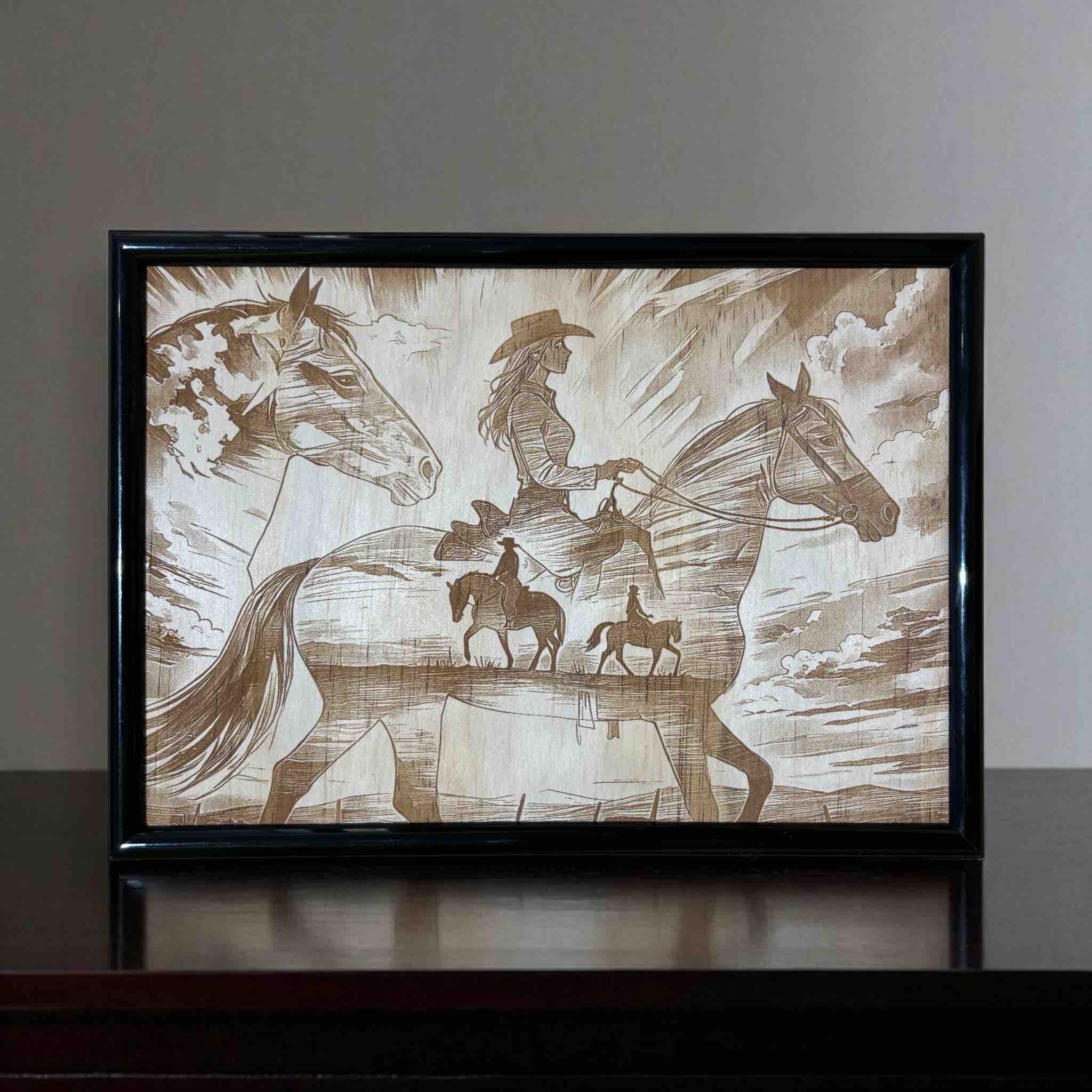 Cowgirl riding horse wood engraved sign displayed on coffee table, western wall art for home, Laser Design Creations, Australia.