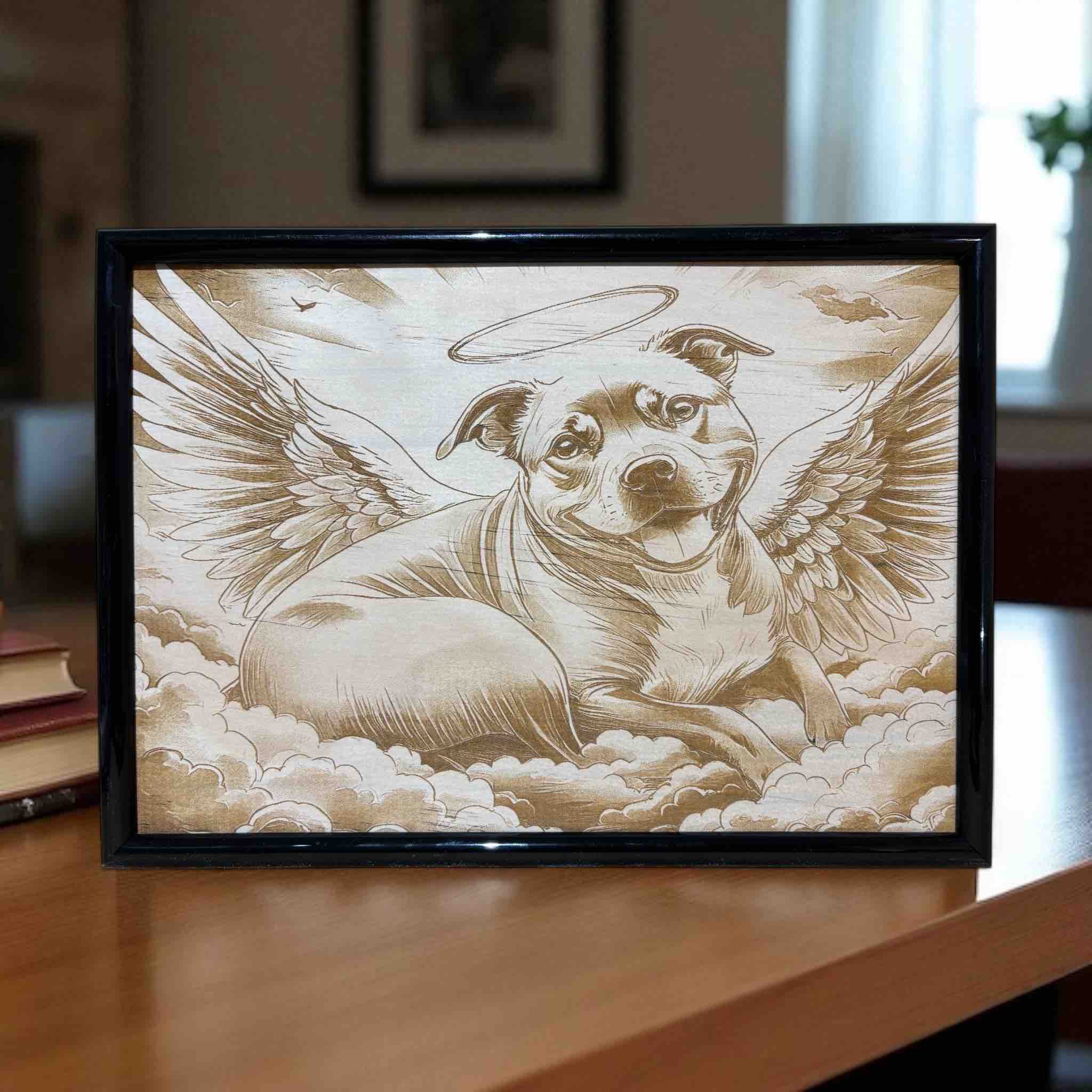 Staffy dog with angel wings wood engraved sign displayed on timber table, memorial pet wall art, Laser Design Creations, Australia.