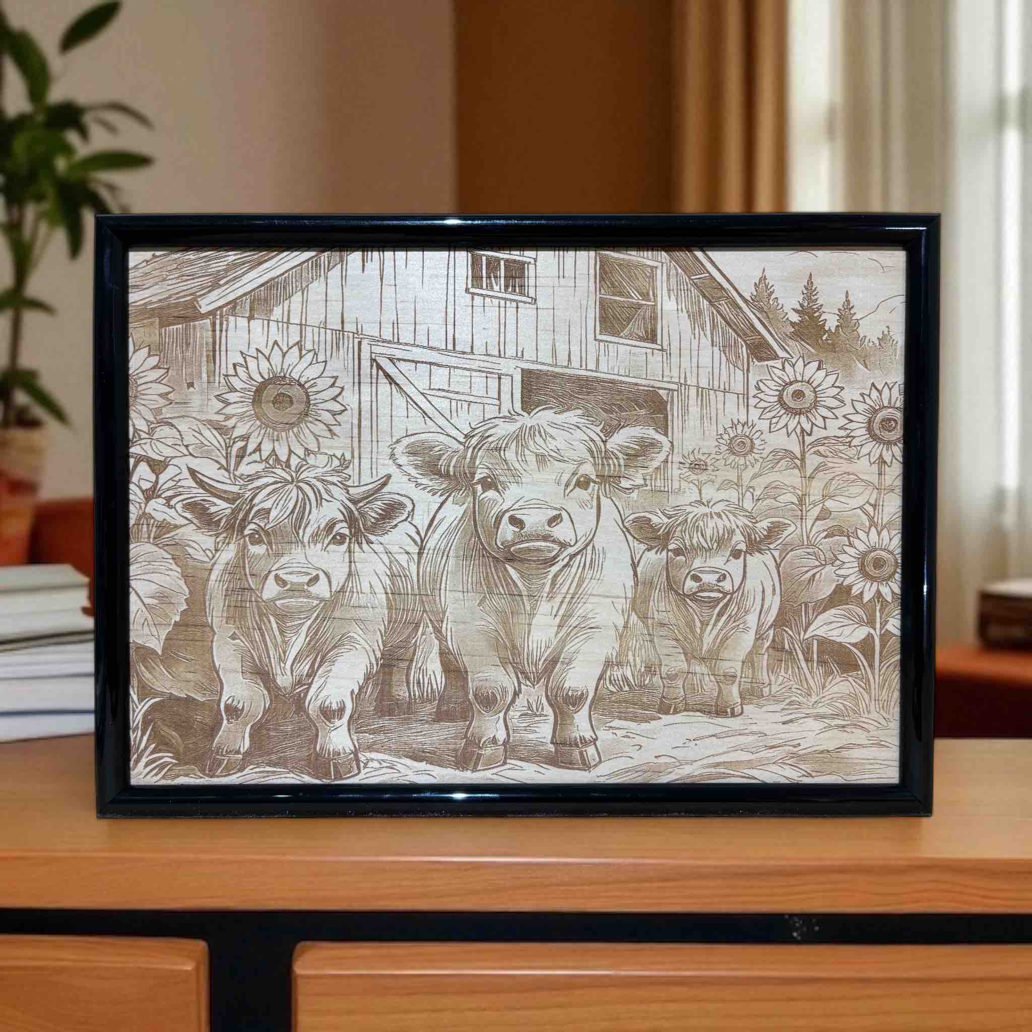 Three highland calves with sunflowers wood engraved sign displayed on desk, rustic country wall art, Laser Design Creations, Australia.