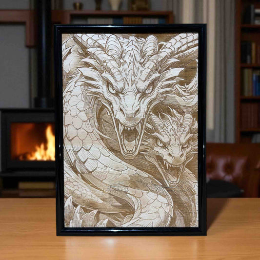 Two-headed dragon wood engraved sign displayed on timber table with fireplace, mythical wall art for home, Laser Design Creations, Australia.