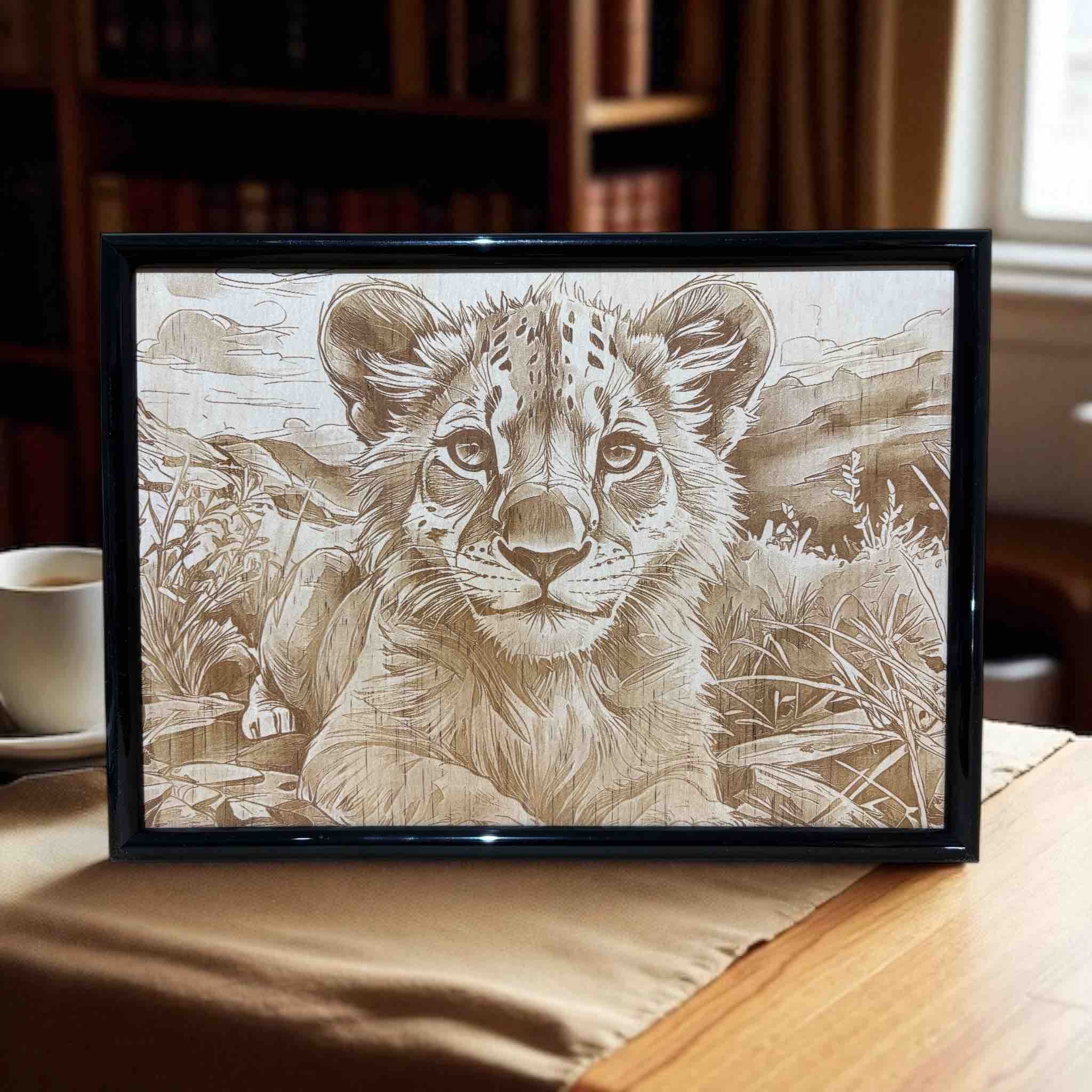 Lion cub portrait wood engraved art in black frame, wildlife decor by Laser Design Creations, Australia.