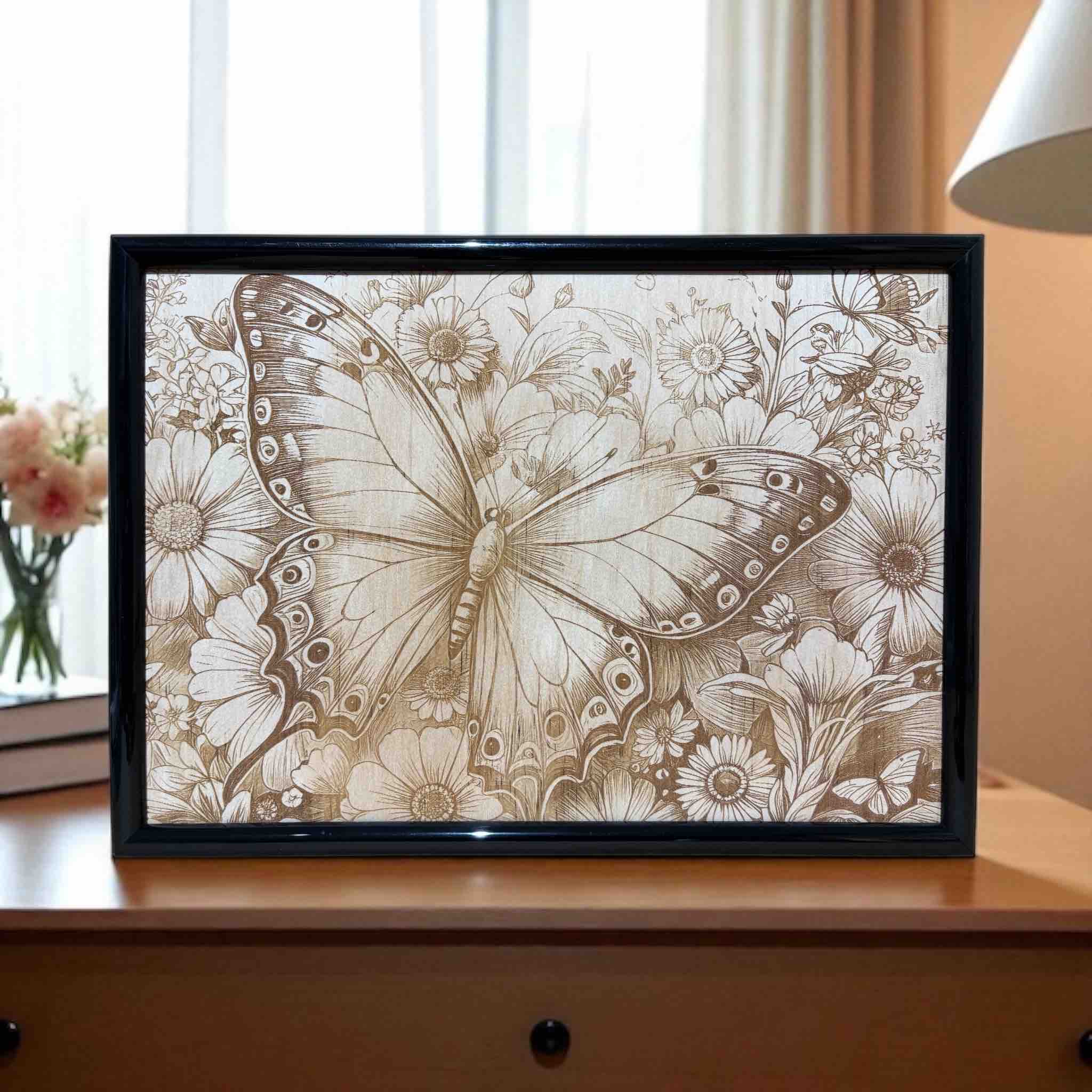Butterfly and flower wood engraved sign displayed on desk near window, botanical wall art for home, Laser Design Creations, Australia.