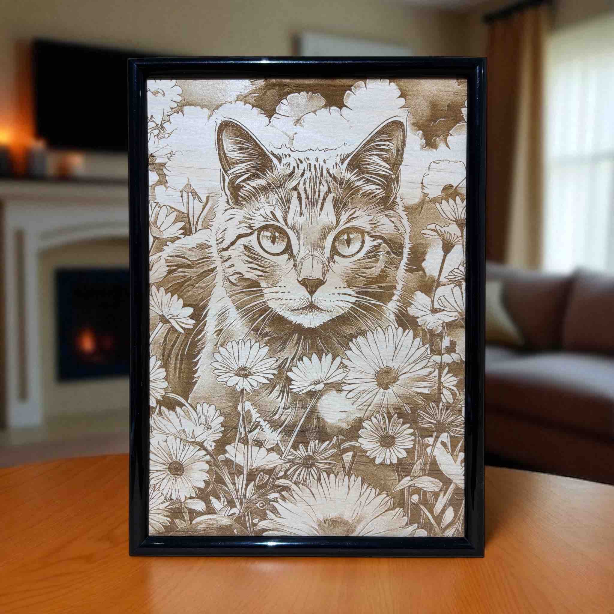 Cat among daisies wood engraved art in black frame, floral pet decor by Laser Design Creations, Australia.