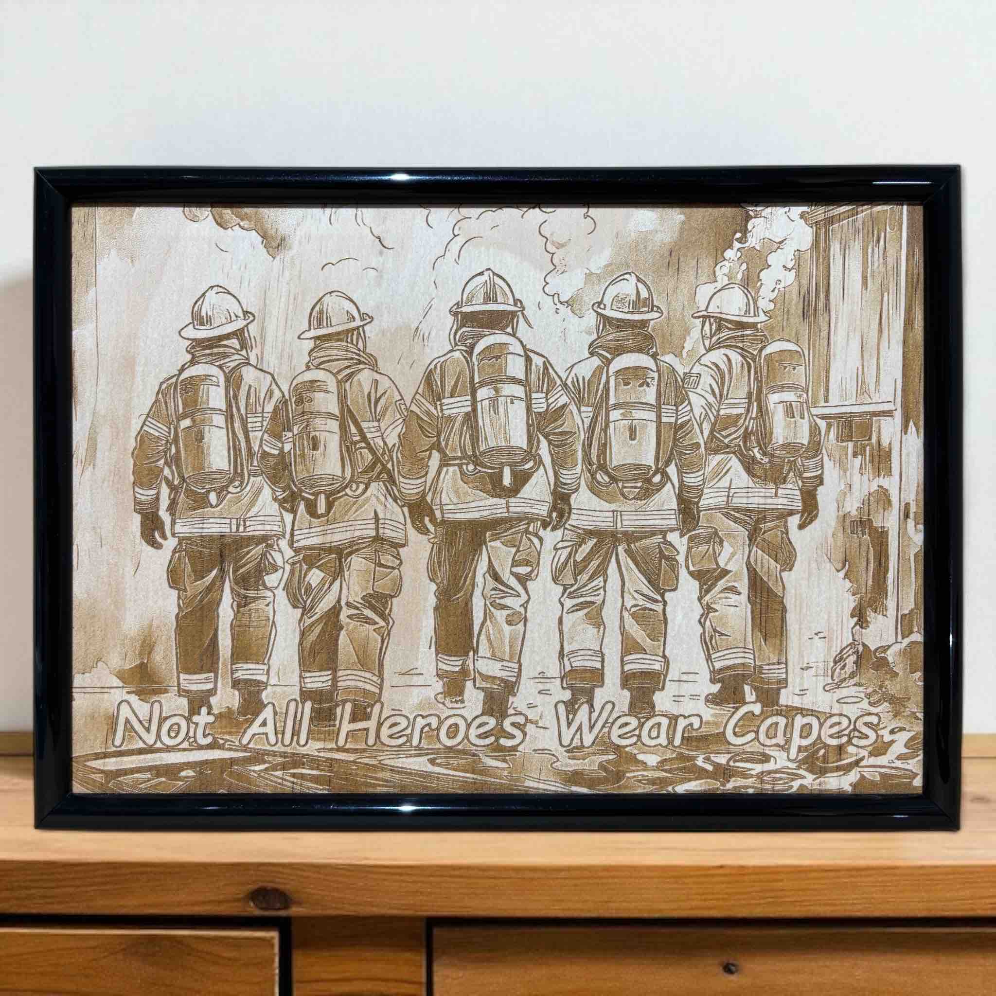 Firefighter wall art wood engraved sign displayed on timber cabinet, tribute to everyday heroes, Laser Design Creations, Australia.