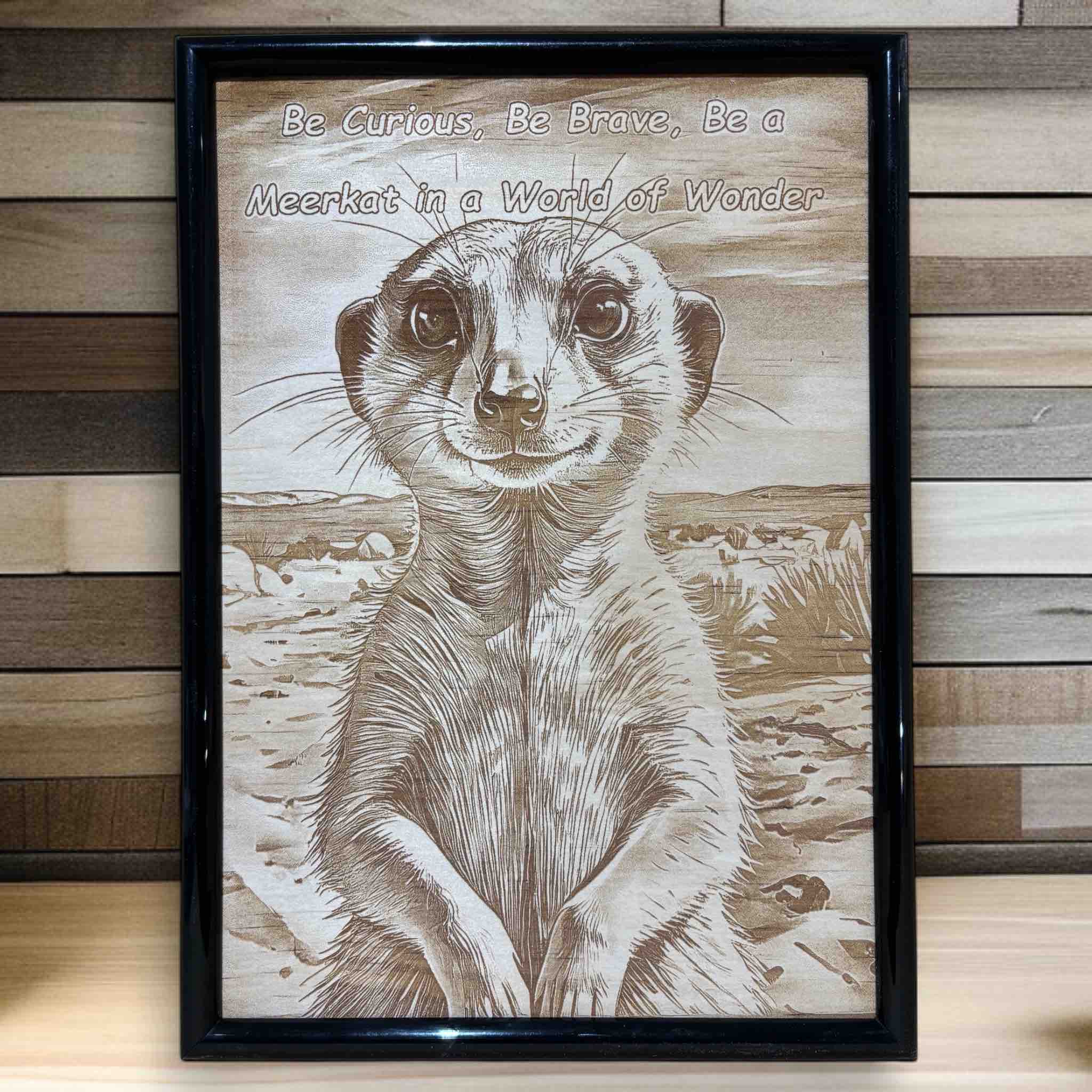 Curious meerkat wood engraved art in black frame, inspirational animal decor by Laser Design Creations, Australia.