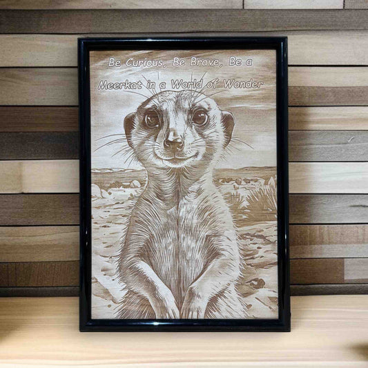 Meerkat wood engraved sign displayed on timber table with wood panel background, uplifting wildlife wall art, Laser Design Creations, Australia.