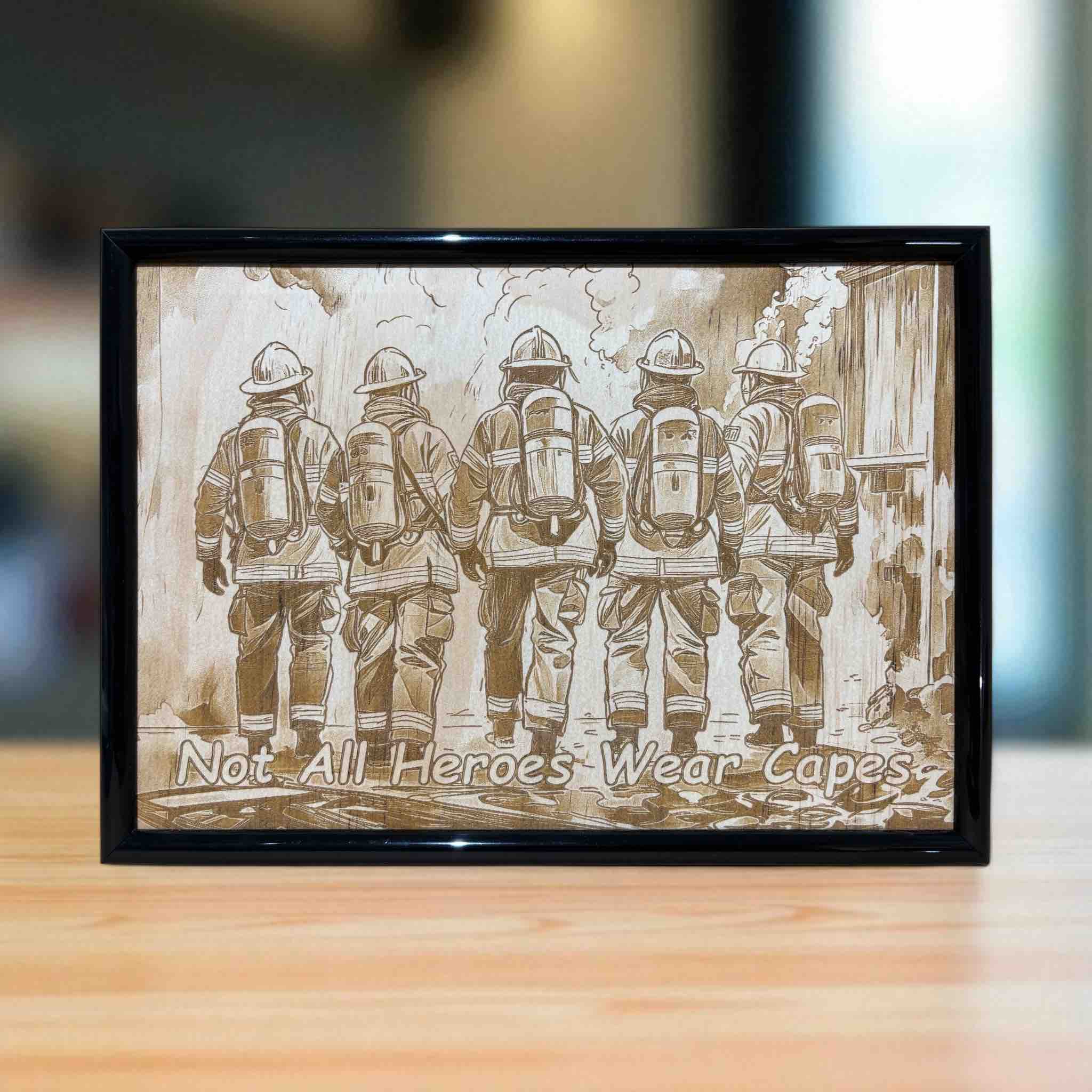 Firefighter art wood engraved sign displayed on timber table, tribute to everyday heroes, Laser Design Creations, Australia.