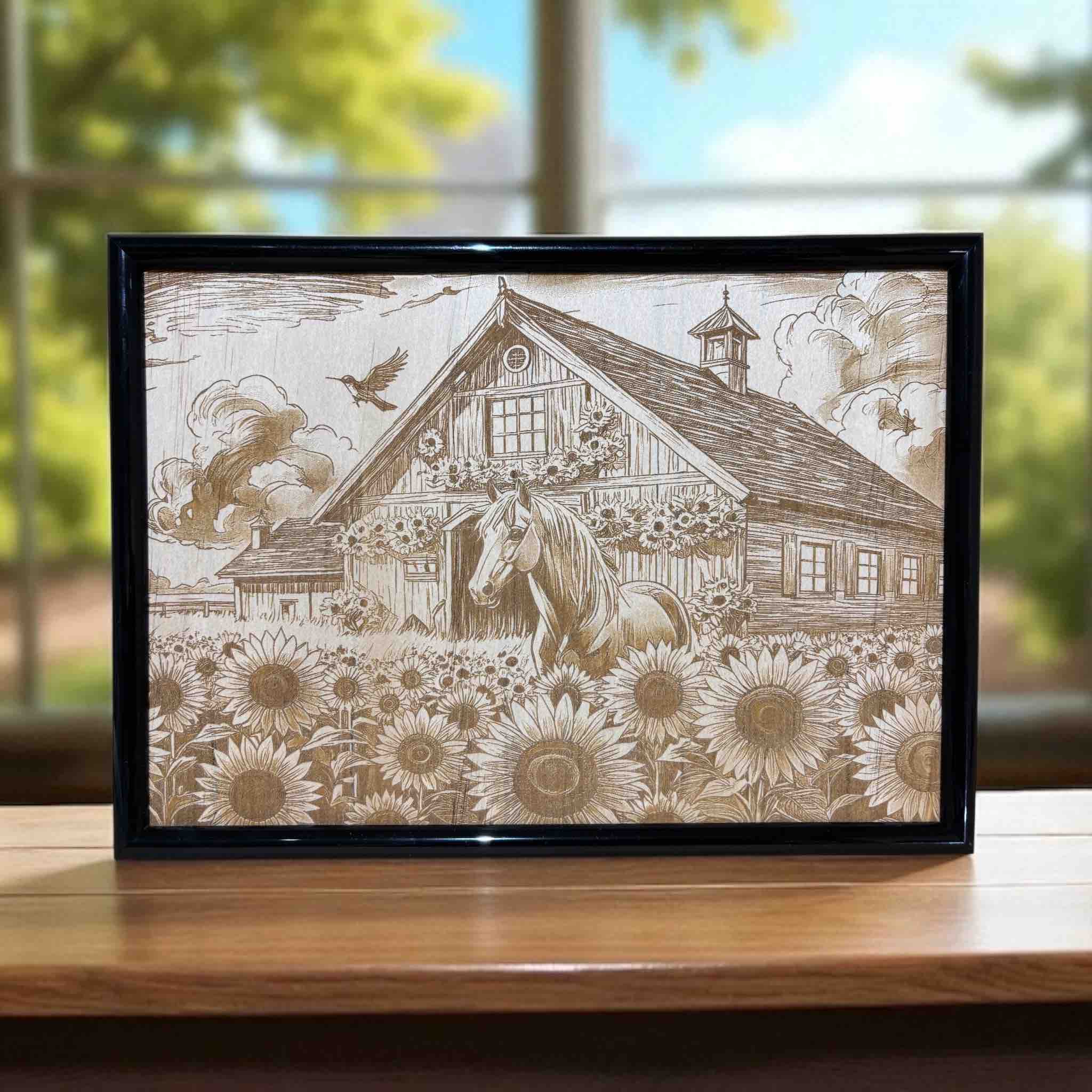 Horse and sunflowers wood engraved sign displayed on timber table with window view, rustic farmhouse wall art, Laser Design Creations, Australia.
