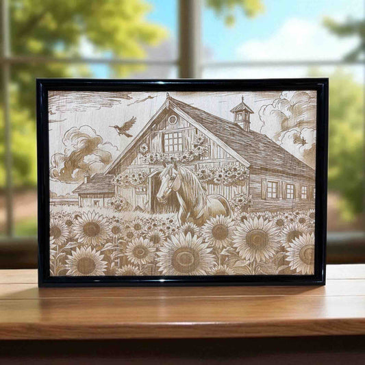Horse and sunflowers wood engraved sign displayed on timber table with window view, rustic farmhouse wall art, Laser Design Creations, Australia.