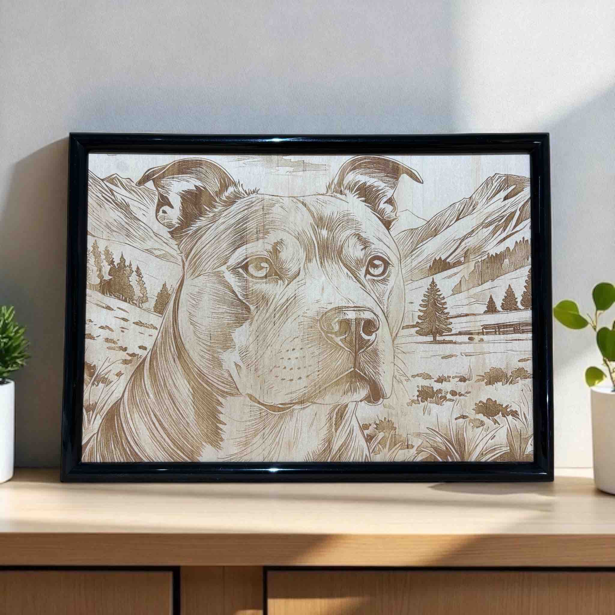Staffy dog in mountain landscape wood engraved art in black frame, rustic decor by Laser Design Creations, Australia.