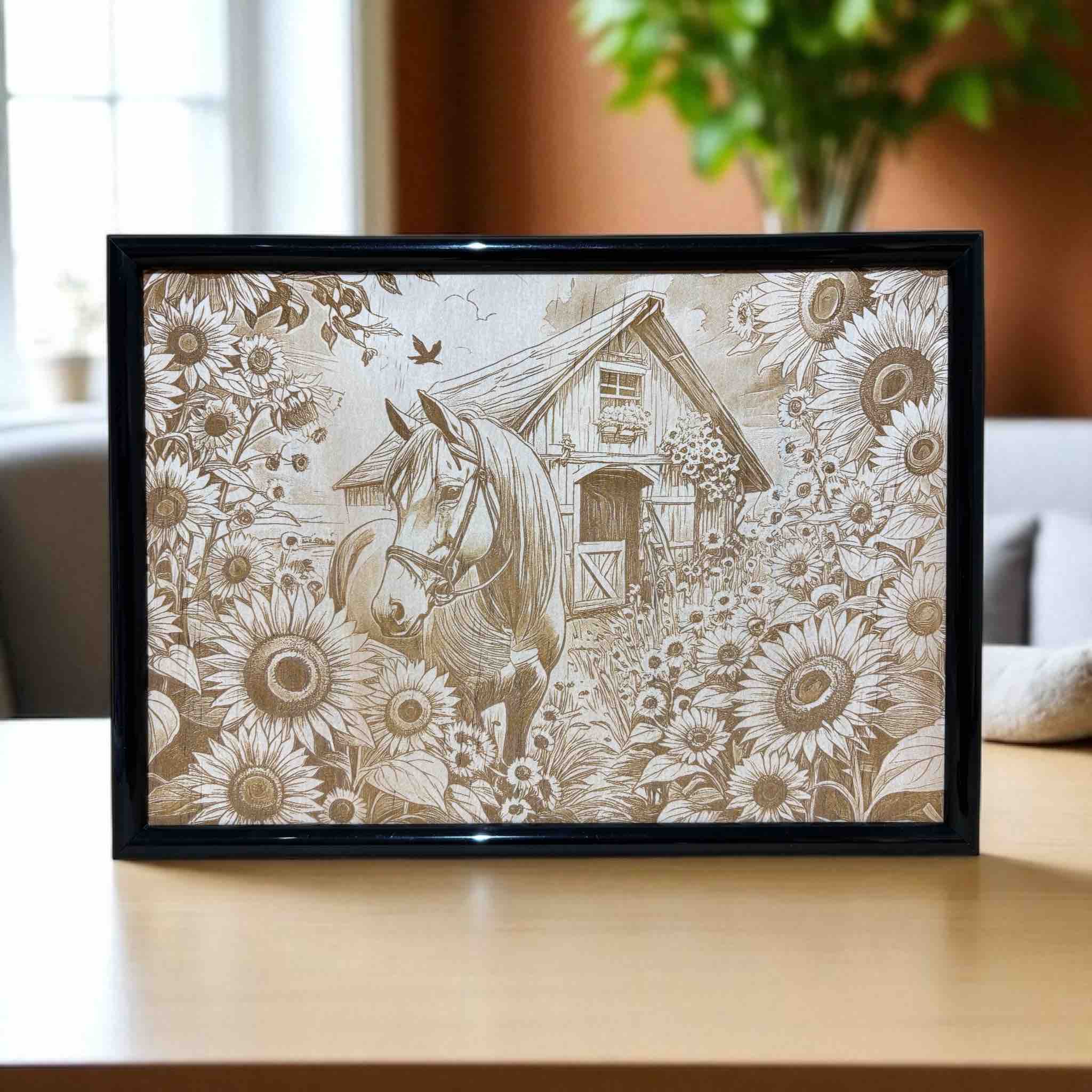 Horse and sunflowers wood engraved sign displayed on light timber table, country wall art for home, Laser Design Creations, Australia