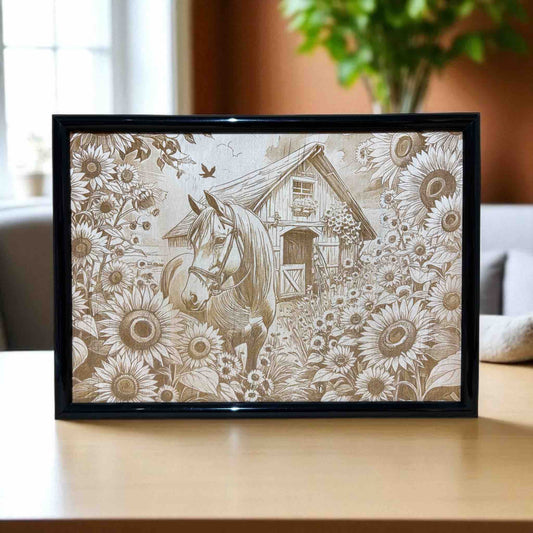 Horse and sunflowers wood engraved sign displayed on light timber table, country wall art for home, Laser Design Creations, Australia