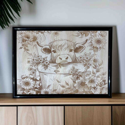 Framed artwork of a cow in a bucket with floral patterns on a wooden surface.
