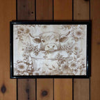 Rustic Highland calf sunflower wooden wall art Australian gift by Laser Design Creations.